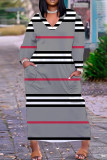 Grey Casual Striped Print Pocket V Neck Long Plus Size Dresses