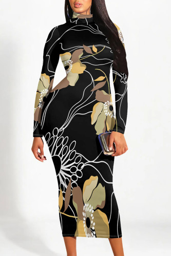 Black Casual Street Floral Print Contrast Half A Turtleneck Printed Dresses