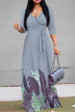 Dark Blue Elegant Floral Print Lace Up V Neck Printed Dresses