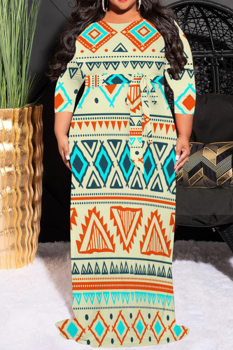 Blue Orange Casual Print Patchwork O Neck Long Plus Size Dresses