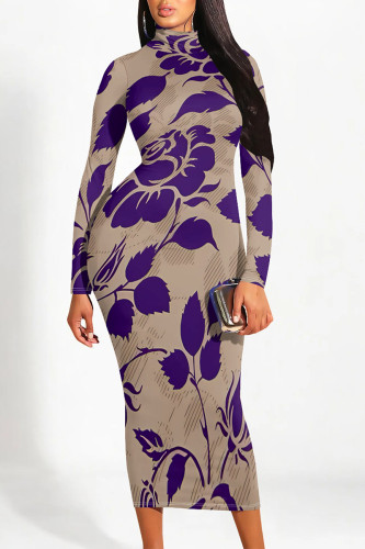 Purple Casual Street Floral Print Contrast Half A Turtleneck Printed Dresses