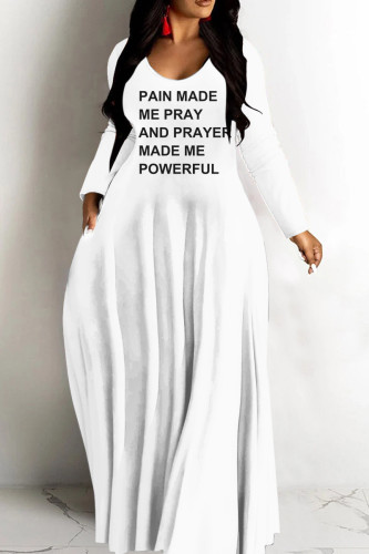 White Casual Letter Print Basic V Neck Long Dresses