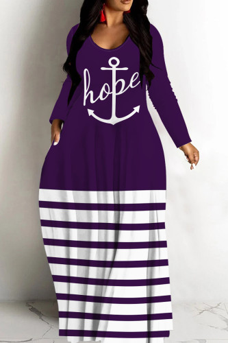 Purple Casual Striped Print Basic V Neck Long Dresses
