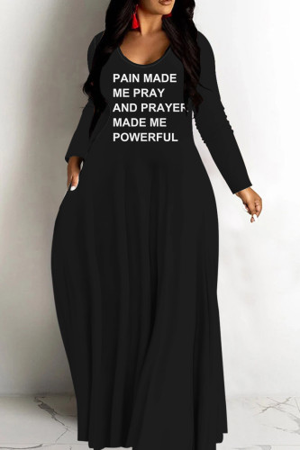 Black Casual Letter Print Basic V Neck Long Dresses