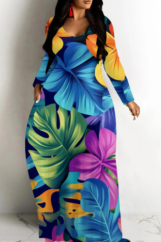 Turquoise Casual Print Patchwork U Neck Long Dresses