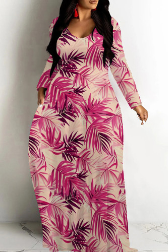 Light Pink Casual Print Patchwork U Neck Long Dresses