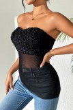 Black Sexy Flowers See-Through Backless Irregular Strapless Tops