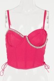 Rose Red Sexy Solid Color Patchwork Backless Spaghetti Strap Tops