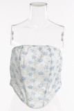 Blue Sexy Flowers Lace Strap Design Contrast Strapless Tops