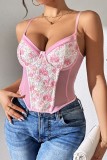 Pink Sexy Hot Ditsy Floral Patchwork Backless Spaghetti Strap Tops