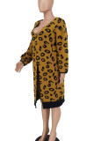 Yellow Casual Leopard Print Patchwork Cardigan Collar Outerwear