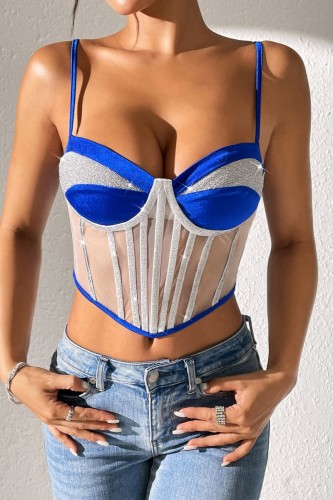 Royal Blue Sexy Casual Patchwork Backless Spaghetti Strap Tops