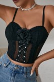 Black Sexy Hot Solid Color Flowers Patchwork Backless Spaghetti Strap Tops