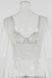 Blue Sexy Flowers Lace Strap Design Contrast V Neck Tops