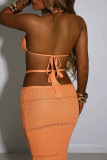Yellow Sexy Solid Color Patchwork Backless Strap Design Halter Two Pieces