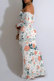 White Red Sexy Floral Print Contrast Off Shoulder One Step Skirt Dresses