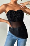 Black Sexy Flowers See-Through Backless Irregular Strapless Tops