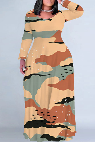 Multicolor Casual Geometric Print Flowers Pocket Contrast O Neck Printed Plus Size Dresses