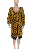 Yellow Casual Leopard Print Patchwork Cardigan Collar Outerwear