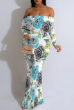 White Red Sexy Floral Print Contrast Off Shoulder One Step Skirt Dresses