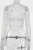 White Sexy Solid Color Hollow Out See-Through Half A Turtleneck Tops