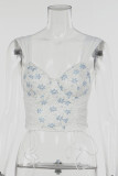 Blue Sexy Flowers Lace Strap Design Contrast V Neck Tops
