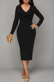 Black Elegant Solid Color Ruched V Neck One Step Skirt Dresses