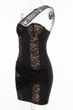 Black Sexy Patchwork Backless Oblique Collar Wrapped Skirt Dresses