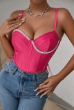Rose Red Sexy Solid Color Patchwork Backless Spaghetti Strap Tops