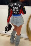 Red Casual Letters Patchwork Zipper Zipper Collar Outerwear