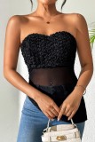 Black Sexy Flowers See-Through Backless Irregular Strapless Tops