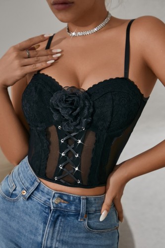 Black Sexy Hot Solid Color Flowers Patchwork Backless Spaghetti Strap Tops