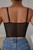 Black Sexy Hot Solid Color Flowers Patchwork Backless Spaghetti Strap Tops