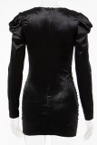 Black Sexy Solid Color Ruched V Neck Long Sleeve Dresses