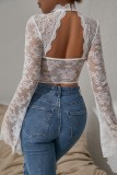 White Sexy Solid Color Hollow Out See-Through Half A Turtleneck Tops