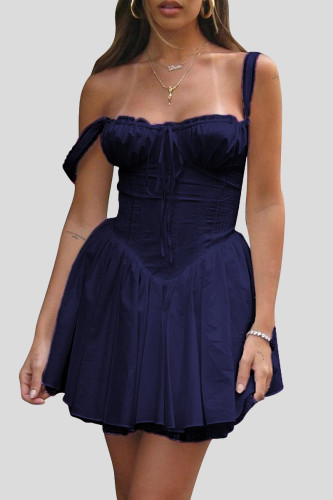 Navy Blue Elegant Solid Color Patchwork Backless Spaghetti Strap Sling Dresses