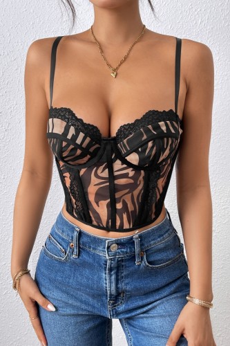 Black Sexy Print Lace Patchwork Backless Spaghetti Strap Tops