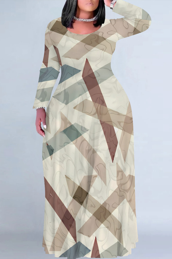 Beige Casual Geometric Print Flowers Pocket Contrast O Neck Printed Plus Size Dresses