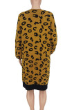 Yellow Casual Leopard Print Patchwork Cardigan Collar Outerwear