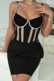 Black Sexy Party Hot Patchwork Backless Spaghetti Strap Wrapped Skirt Dresses