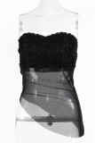 Black Sexy Flowers See-Through Backless Irregular Strapless Tops