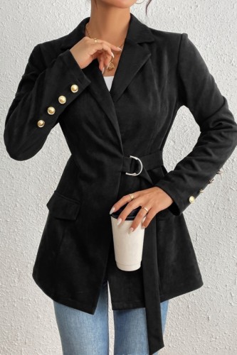 Black Casual Solid Color Cardigan Turndown Collar Outerwear