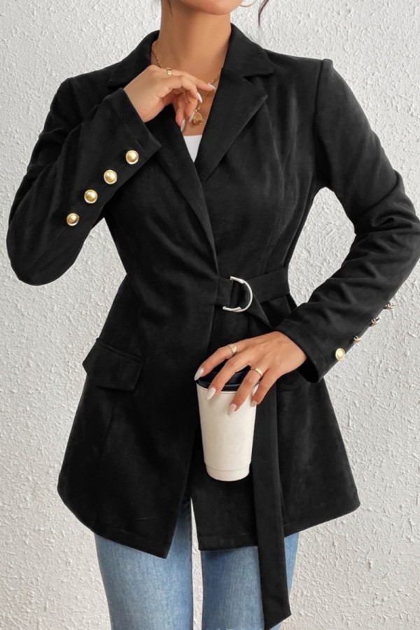 Black Casual Solid Color Cardigan Turndown Collar Outerwear