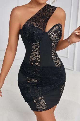 Black Sexy Patchwork Backless Oblique Collar Wrapped Skirt Dresses