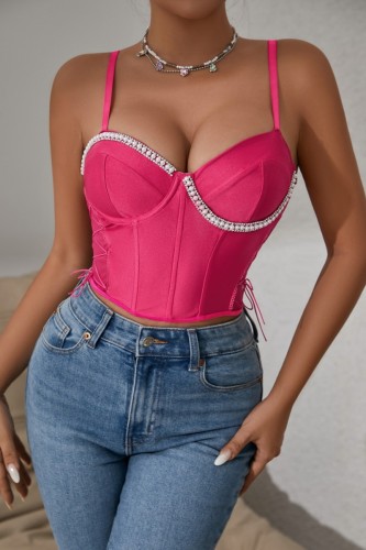 Rose Red Sexy Solid Color Patchwork Backless Spaghetti Strap Tops