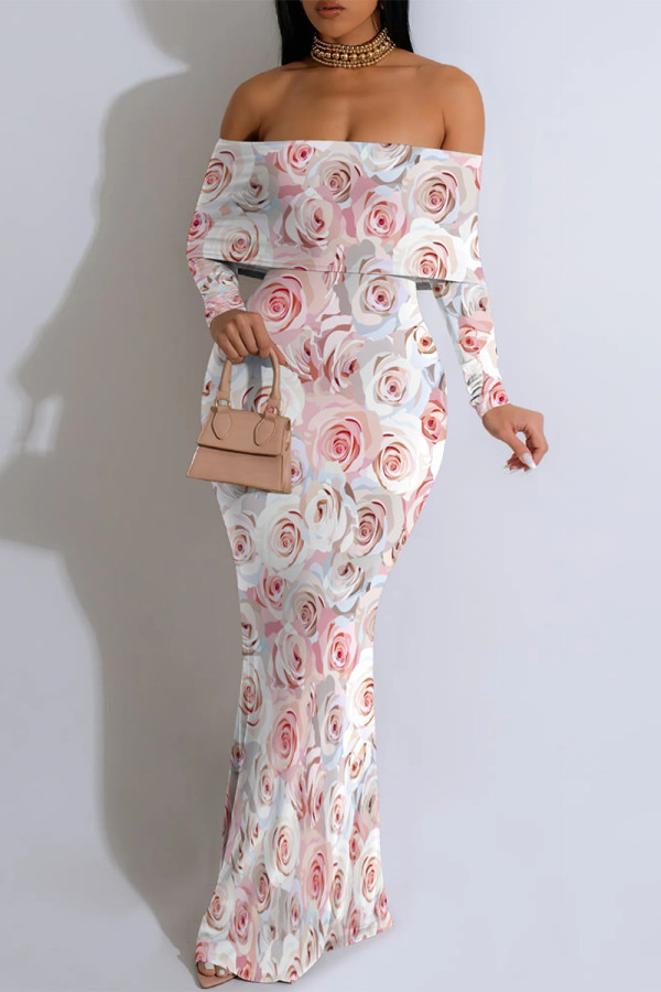 White Pink Sexy Floral Print Contrast Off Shoulder One Step Skirt Dresses