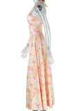 Pink Elegant Print Hollow Out Patchwork Backless Halter Long Dresses