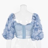 Blue Casual Gradient Color High Slit Patchwork V Neck Tops