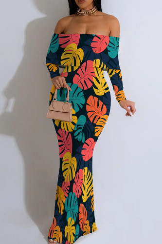 Multicolor Casual Print Patchwork Backless Off Shoulder Long Dresses