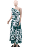 Green Elegant Print Patchwork Backless Ruffled Trim Oblique Collar Long Dresses